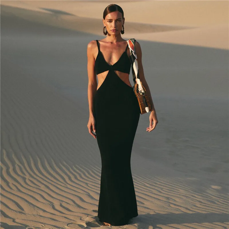 

Women Strappy Cross Sleeveless Backless Long Solid Color Deep V-neck Slip Dress Fashion Summer Hollow Out Beach Party Dresses