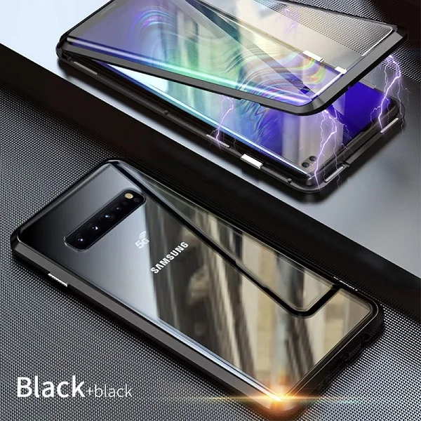 Магнитный чехол для samsung Galaxy S10 Plus, S10e, S9, S8, Note 9, 8, Полный Передний+ задний, 9 H, закаленное стекло, Магнитная пленка, чехол s, крышка - Цвет: black black