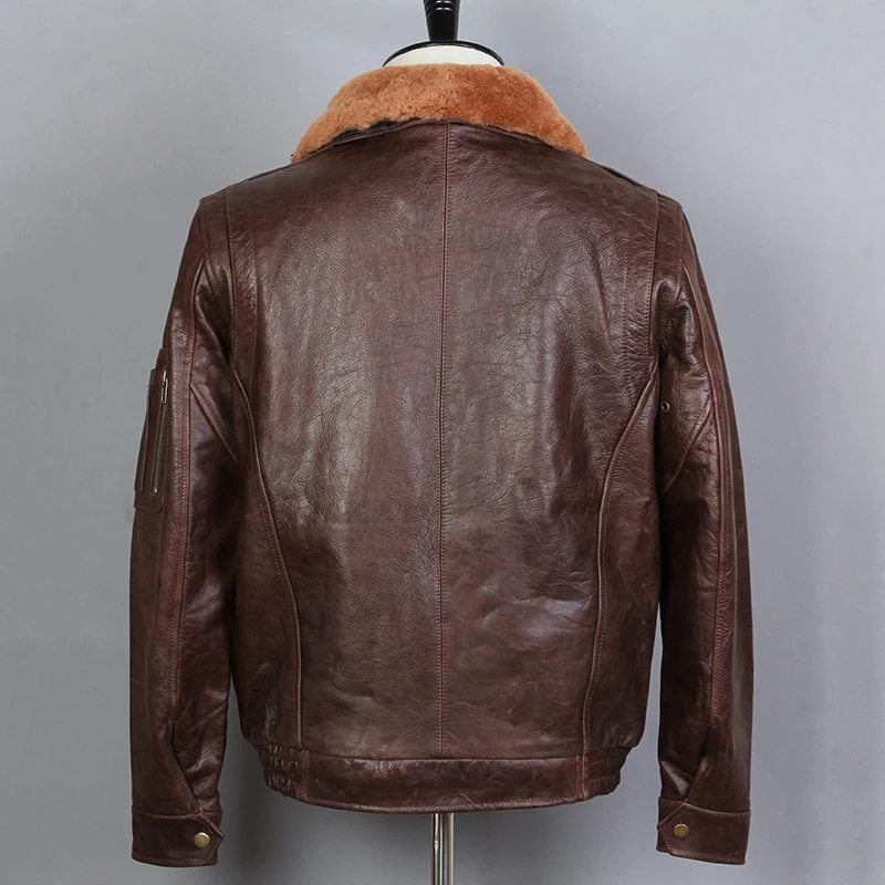 Мужская куртка бомбер из натуральной воловьей кожи с меховым воротником|Мужские