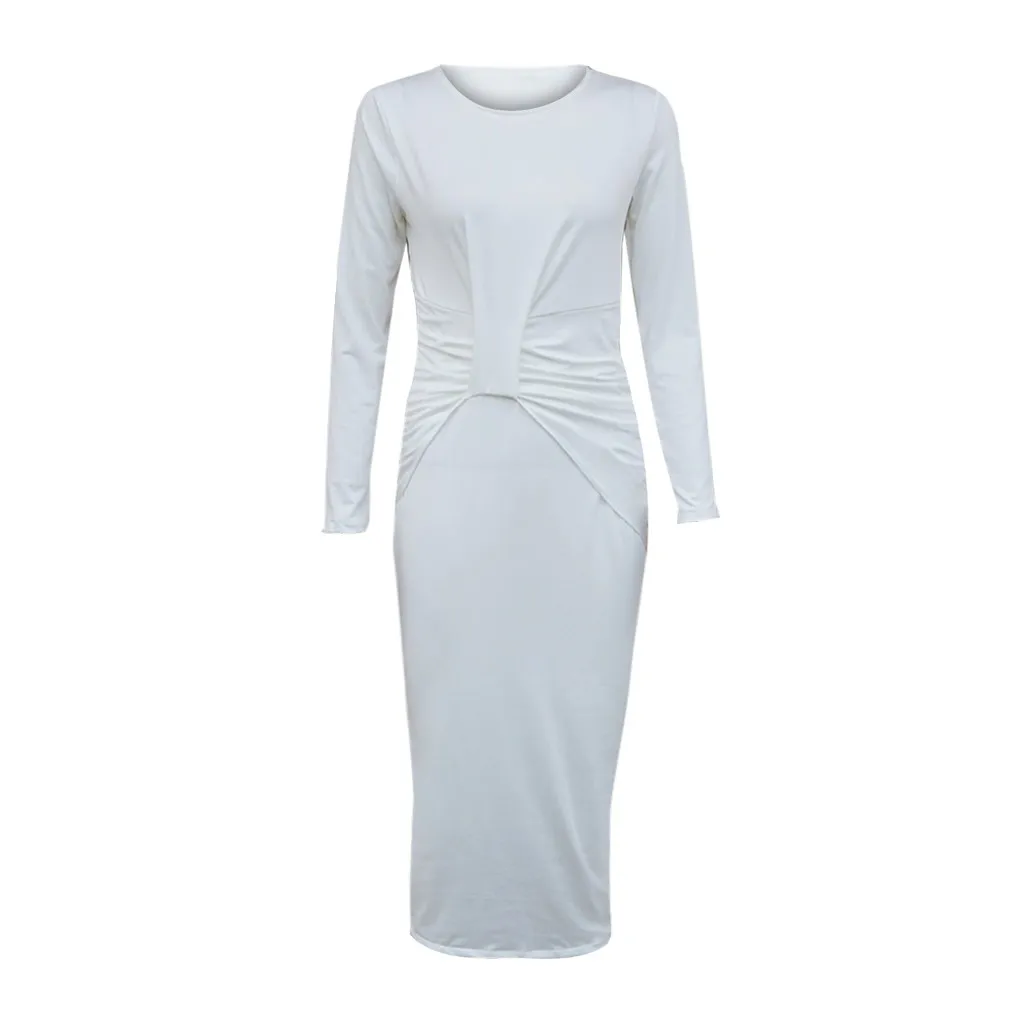 Женское трикотажное облегающее платье с разрезом и длинным рукавом высокой