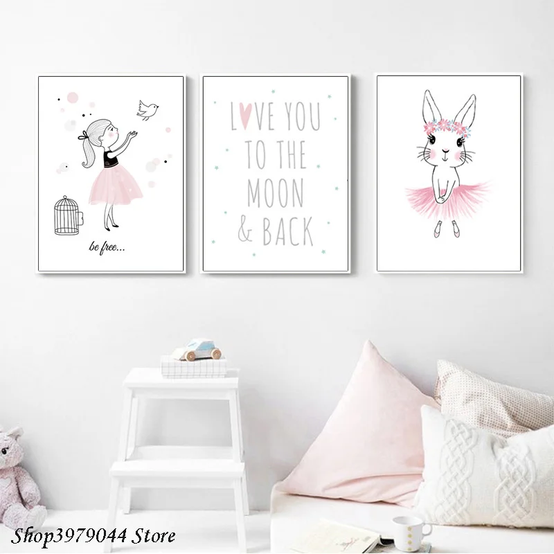 Розовая балерина девочка Холст Картина Кролик Детские плакаты спальня картина