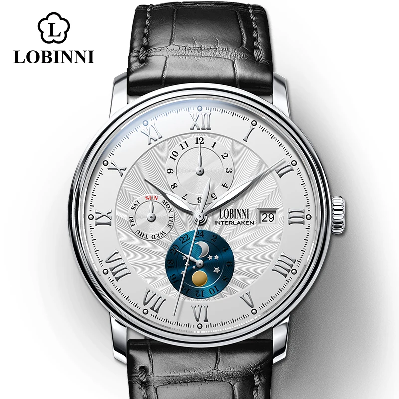 

Модные мужские механические часы Lobinni, автоматические Роскошные наручные часы, светящиеся дата, неделя, месяц, сапфировые водонепроницаемы...