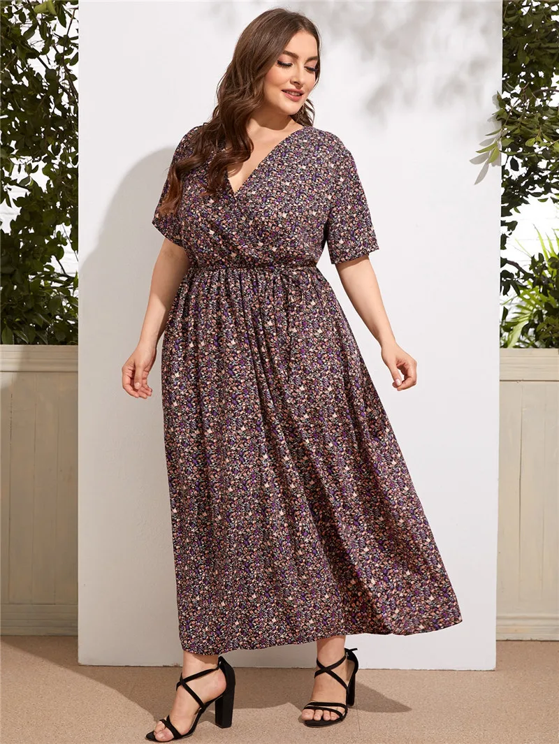 

European and American big size summer new fat mm high waist V-neck dress