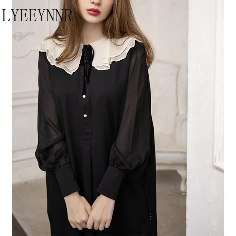 LYEEYNNR осенние платья с воротником Питер Пэн на шнуровке Новое поступление