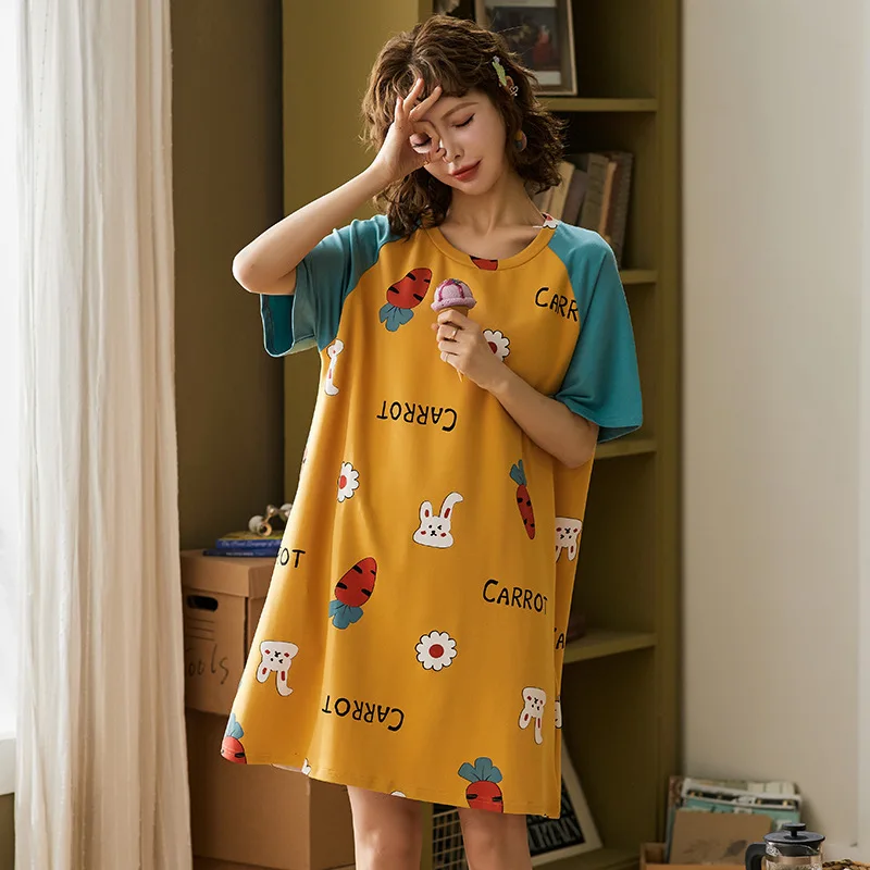 

Cotton Nightdress "Women Summer Short - Sleeved Mid - Length Dress Loose Thin Ladies Sweet Casual Home Wear