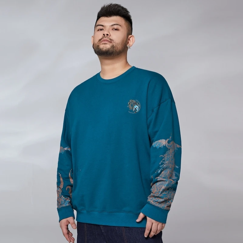 

Plus Size Men's Retro Sweater Men's Spring Autumn Chinese Style Peacock Feather Embroidered Flowers Loose Casual Top XL-7XL