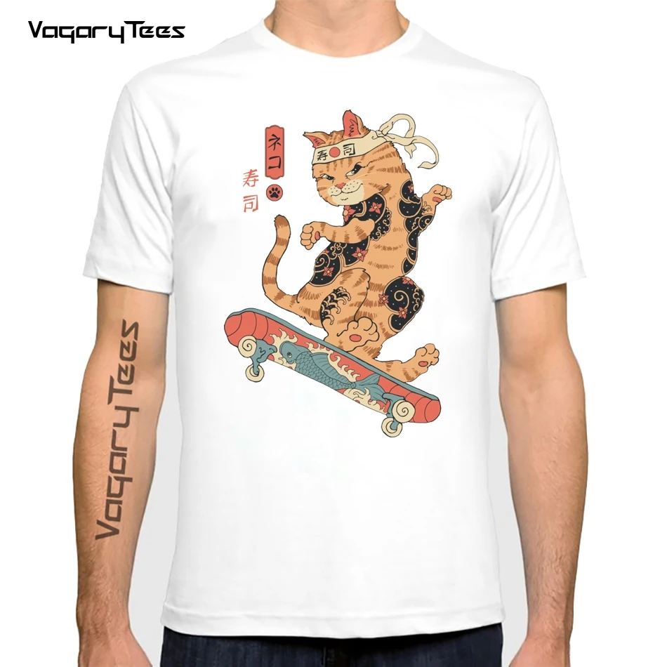 

Funny Skatana cat anime t shirt men summer casual tshirt unisex short sleeve Vintage Cat Play Skateboard manga streetwear tee