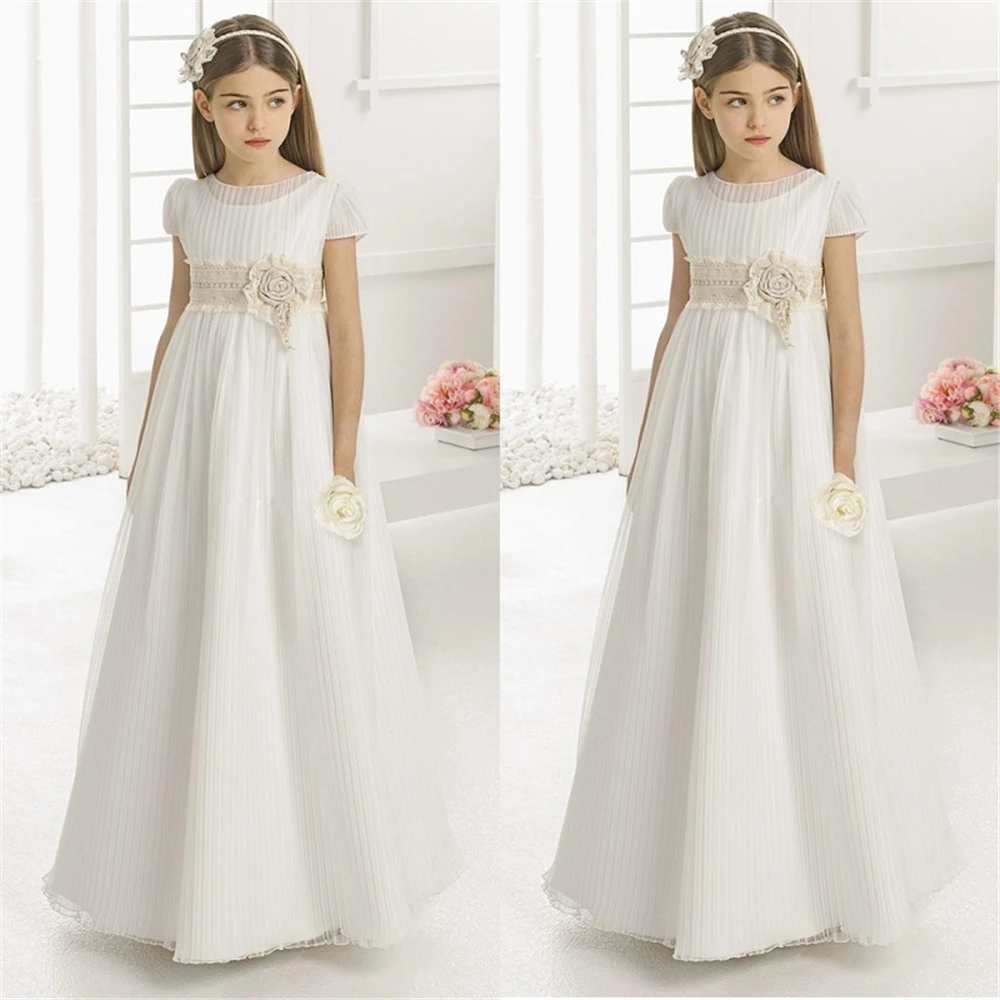 

Vintage Flower Girl Dresses For Wedding Empire Waist Short Sleeve Tulle Crew Champagne Lace Sash Children First Communion Gowns