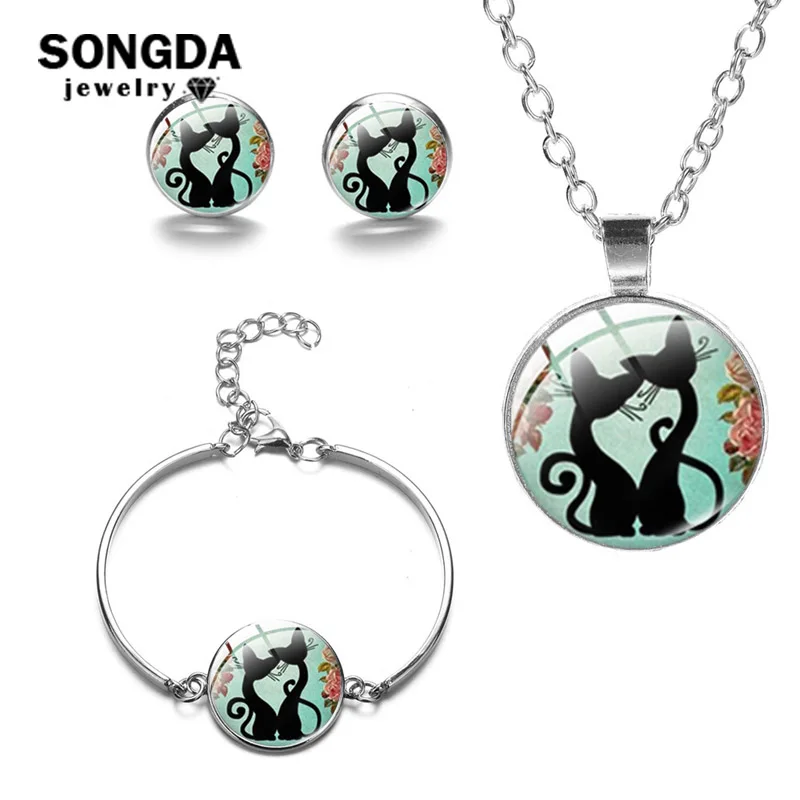

SONGDA Black White Cat Necklaces Bracelet Earrings Animal Kitten Glass Photo Pattern Pendant Jewelry Set Dome Jewelry Findings