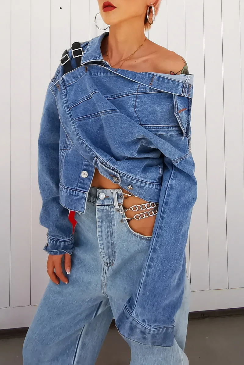 

Jeans Coat Asymmetrical Straps with Loose Long Sleeves Stiletto Wear Trendy High Street Denim Jackets for Autumn Oversize