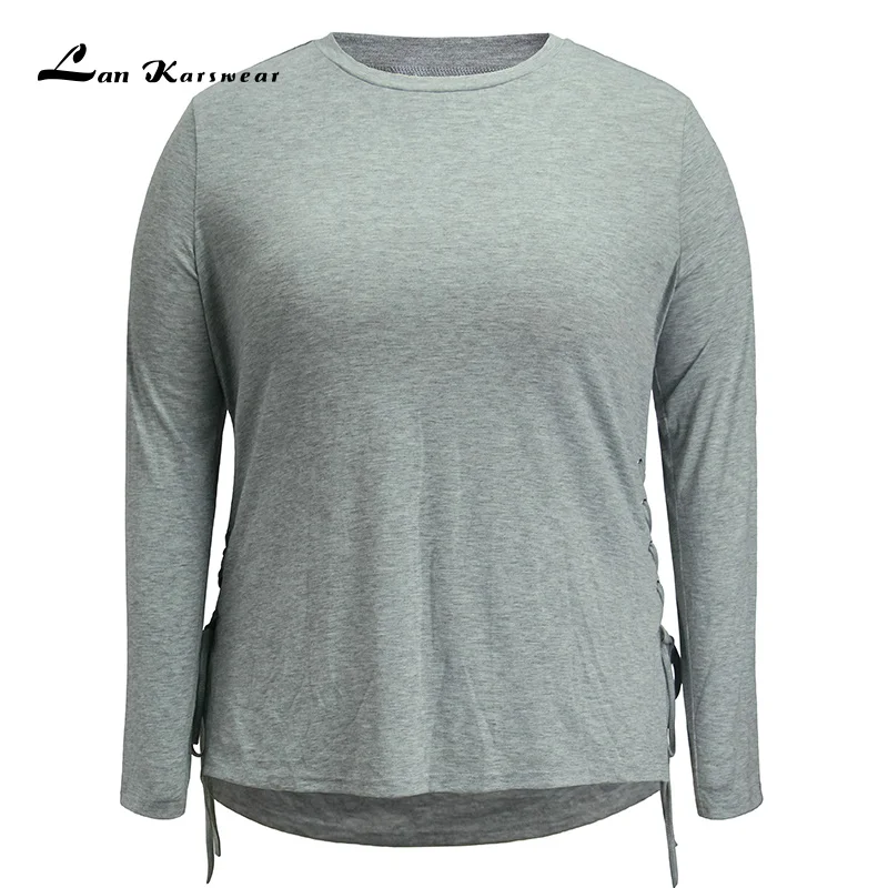 

Lan Karswear, Футболки женские, повседневные, длинный рукав, круглый вырез, рубашка женская, зима, осень, кружева, Свободный Топ размера плюс, одежд...