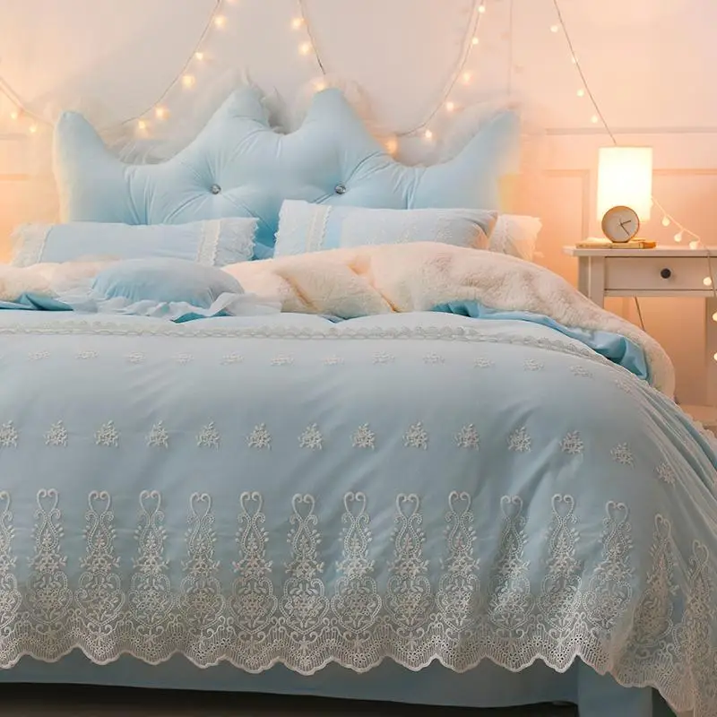 Blue Pink Purple Soft Berber Fleece Princess Girl White Lace Bedding Set Fabric Duvet Cover Bed sheet/Linen Pillowcases |