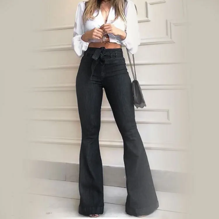 

HAOOHU women's jeans pants fashion trends streetwear casual high waist stretch slim elegant denim Flare Pants (Includes belt)