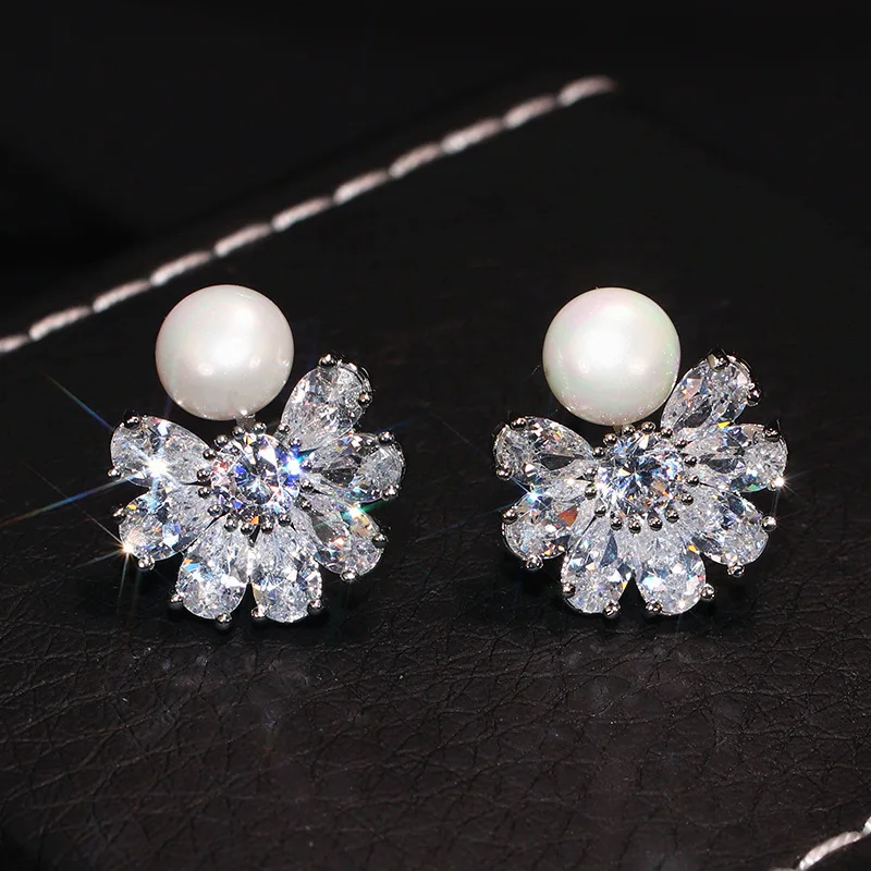 

S925 Silver Color Bling CZ Zircon Stone Flower Pearl Stud Earrings for Women Korean Earrings Fashion Jewelry