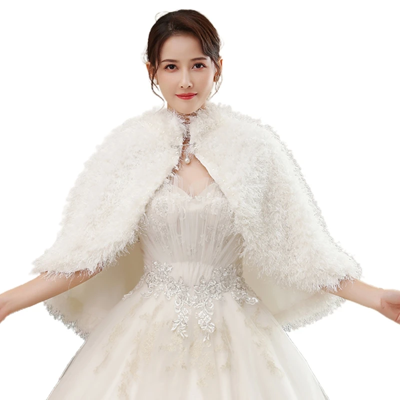 

Women Winter Wedding Fluffy Plush Shrug Shawl Wrap Imitation Pearl Beading Jewelry Thicken Warm Bridal Stole Scarf Cape