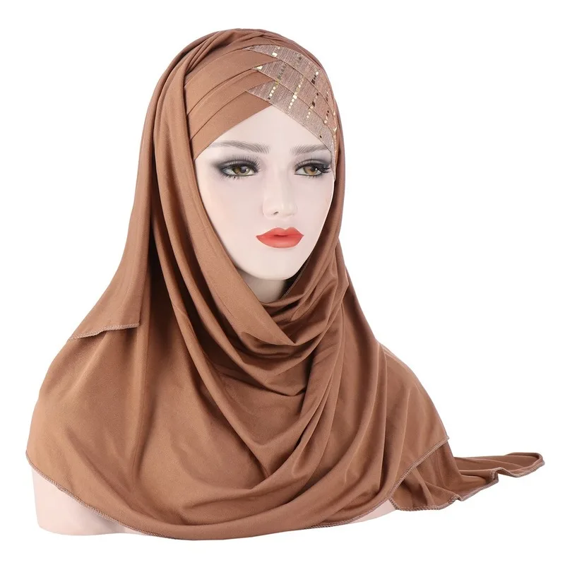 

2021 New Sequins Glitter Forehead Cross Muslim Hijab Scarf Ready To Wear Turban Hijabs Islamic Women Headscarf Female Head Wraps
