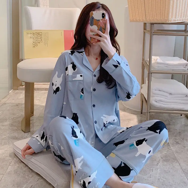 

Pajama Sets Women Spring Turn-down Collar Printed Pockets Students Womens Kawaii Leisure Ulzzang New Trendy Homewear Pyjamas Ins