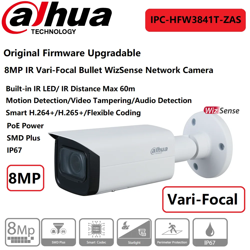 IP Камера сетевой видеорегистратор Dahua 8MP IPC HFW3841T ZAS IR60m переменным фокусным Пуля