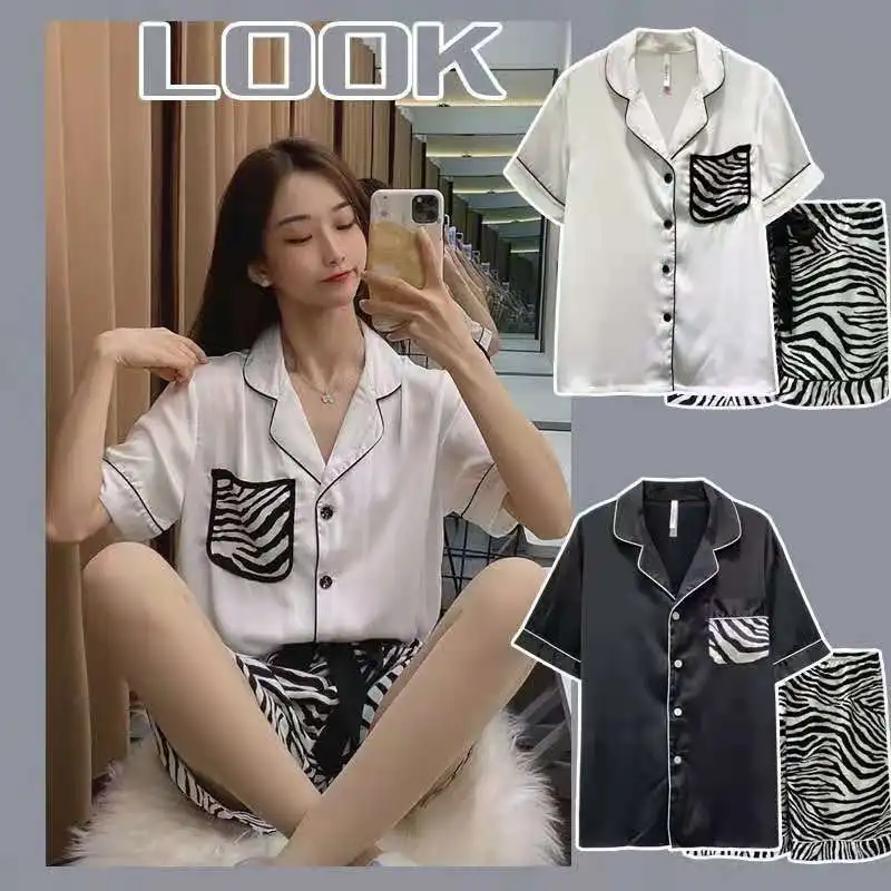 

Атласная пижама QWEEK, костюмы с принтом зебры и шортами, домашняя одежда, комплект из 2 предметов, летняя Пижама для женщин, одежда для сна, дом...