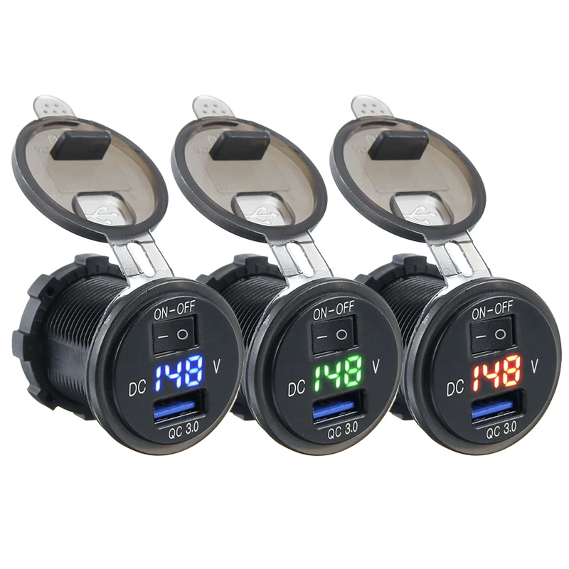 

Universal QC 3.0 USB Motorcycle Boat Car Charger Compatible For Cell Phone Socket Adapter LED Voltmeter With ON-OFF switch
