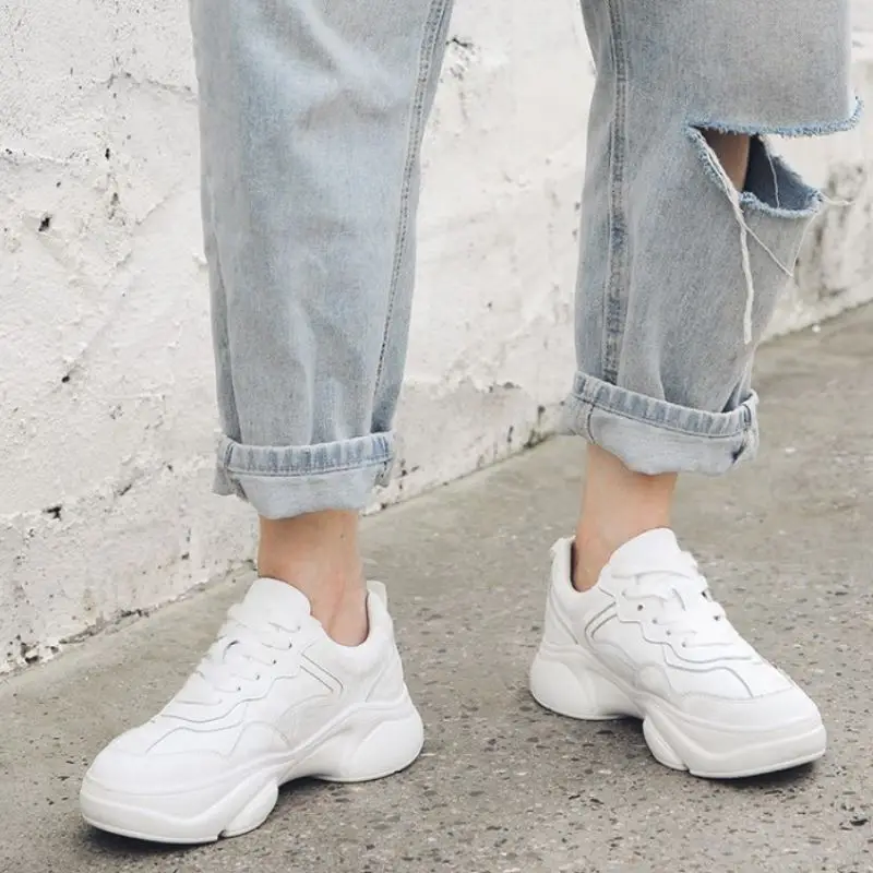 Taoffen Real Leather Sneakers Women Thick Sole Solid Color Lace Up Flats Shoes Daily Outdoor Leisure Shoes Women Size 35-39