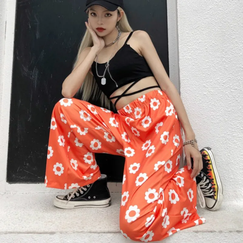 Брюки женские повседневные с цветочным принтом милые шикарные свободные прямые