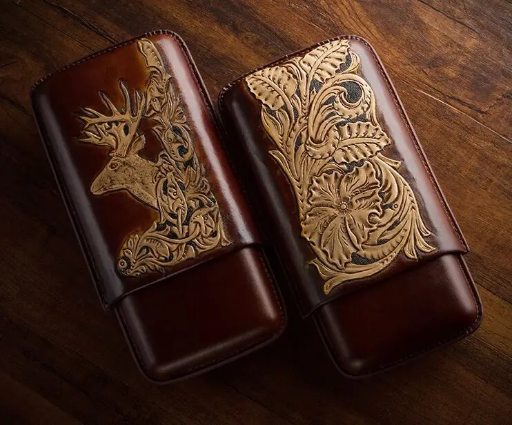 

LUBINSKI Genuine Brown Leather Cigar Cigarette Case Box Travel Tobacco Humidor Holder 3 Tube Gift Box Deer Embossment Craft