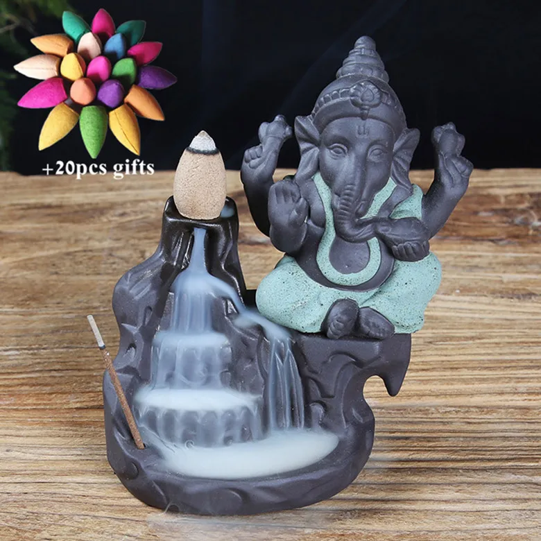 Green-A Керамический Бог слон Ganesha курильница для благовоний горелка Индия водопад курильница подставка для ароматических палочек домашний декор+ 20 шт Бесплатные конусы - Цвет: Green-A