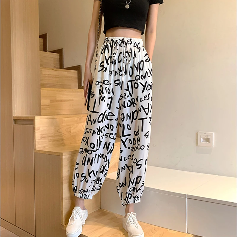 

Chiffon Bloomer Women Summer New Letter Print Graffiti Elastic Waist Loose Waist Sports Casual Pants Ladies Cropped Leg Trousers