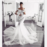 mrs win wedding dress boat neck mermaid wedding dresses elegant long sleeve lace vestido de noiva train bridal gowns hr013