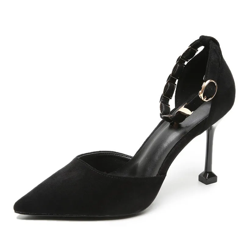 

Women's shoes 2020 Pointed stiletto 5cm/7cm/8.5cm high heels suede buckle women's singles large size