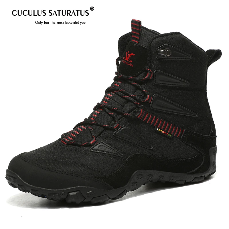 Black Red Cuculus/женские зимние ботинки из натуральной кожи; модные женские ботинки высокого качества; меховая длинная теплая шерстяная обувь; женские высокие зимние ботинки - Цвет: Black Red