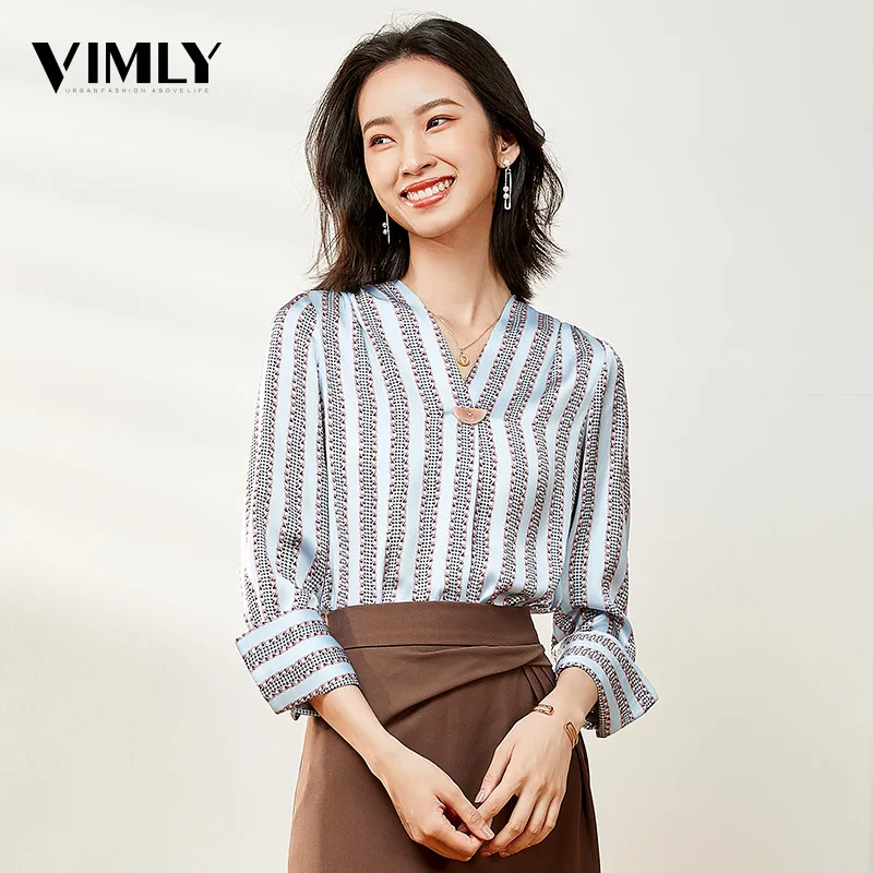 Vimly Женская винтажная шелковая атласная блузка рубашка Офисная с v образным