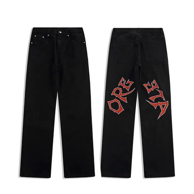 Классические уличные джинсы в американском стиле хип-хоп с вышивкой мужские и женские Брендовые повседневные свободные прямые брюки
