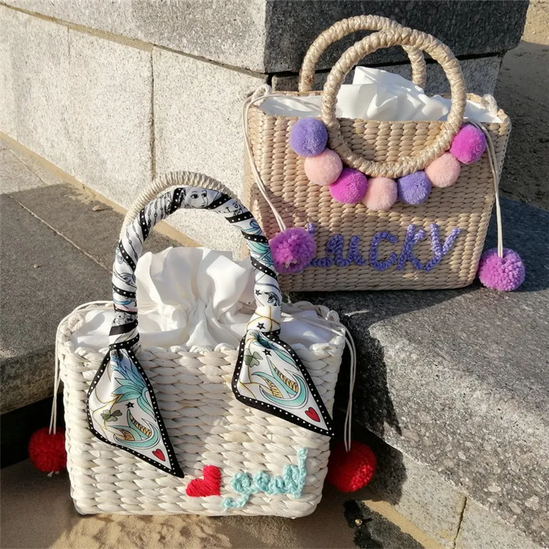 Соломенная Сумочка с плюшевым помпоном и вышивкой, женская сумка-тоут, плетеный ротанговый саквояж на плечо, дизайнерский дорожный Дамский ... от AliExpress RU&CIS NEW