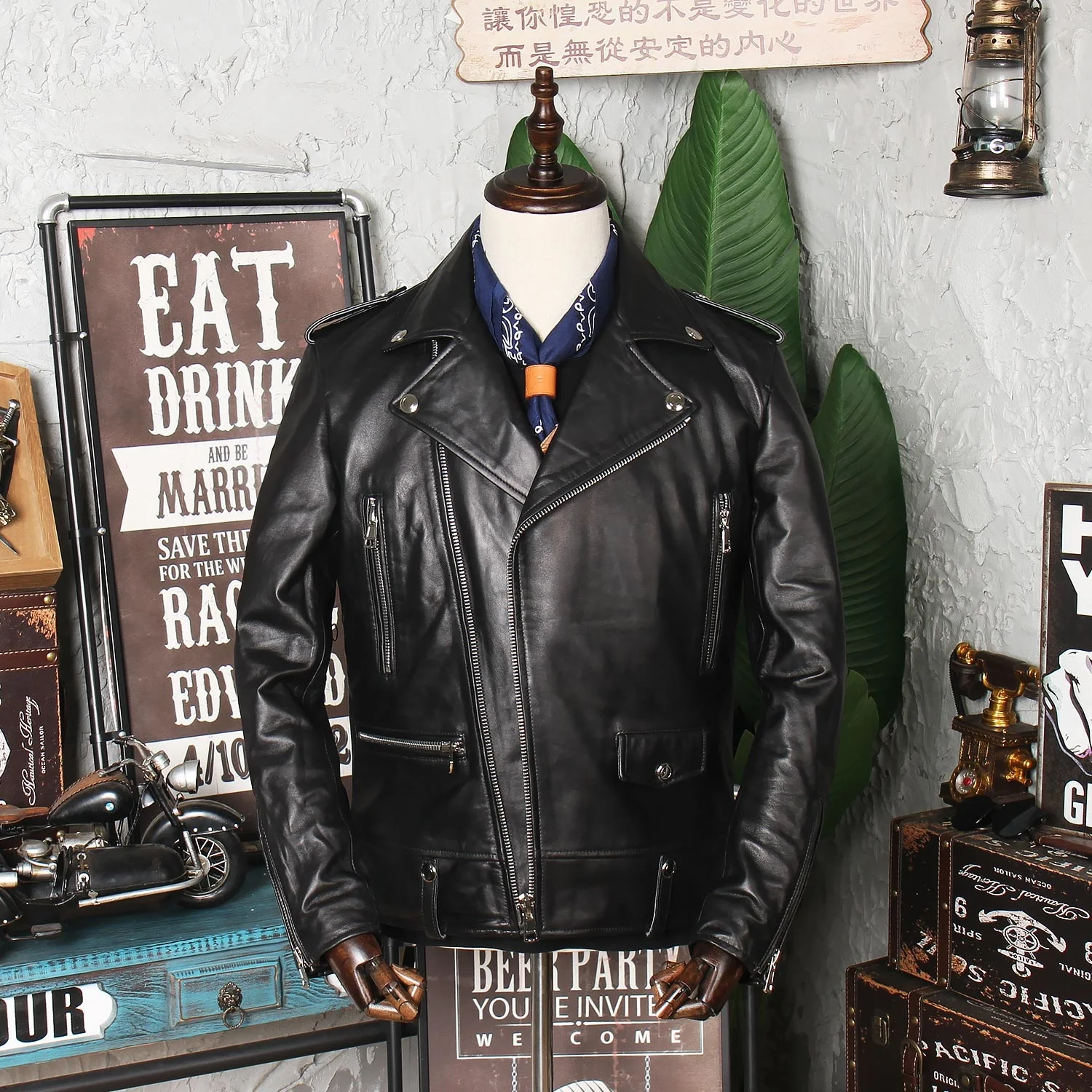 

New special Haining sheep leather clothes men's short Lapel oblique zipper motorcycle clothes leather jacket fashion single