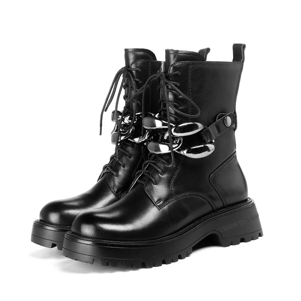 

Womens Round Toe Ankle Boots Big Chain Belt Buckle Chunky Heel Shoes Lace Up Genuine Leather Black Warm Winter