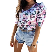 multicolor floral print t shirt women puff sleeve v neck sexy tops streetwear fashion lady summer slim fit elegant tops d30