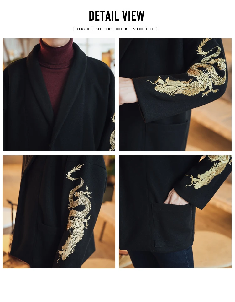 

Men Clothes 2020 Japanese Golden Dragon Embroidery Trench Coat Men Lapel Robe Jacket Men Single-breasted Windbreaker