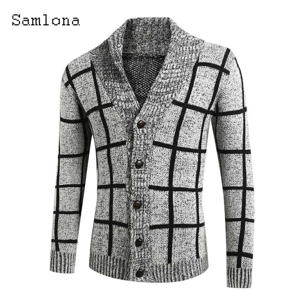 Samlona Plus Size Men Knitted Sweater Winter Warm Coats Man Knitwear 2022 England Style Fashion Top Cardigans Mens Plaid Sweater