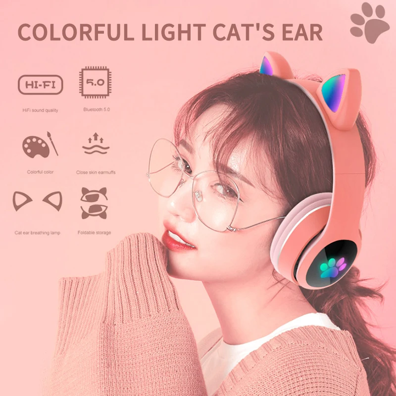 

Беспроводная гарнитура L400 Bluetooth 5,0 в форме кошачьего уха со светодиодный подсветкой и креплением на голову, светящиеся наушники, Спортивная ...