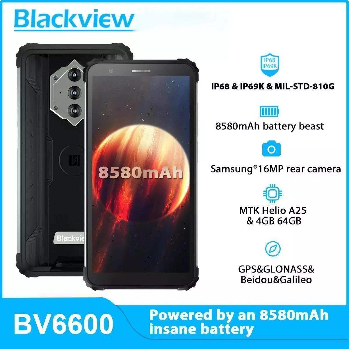 Усиленный смартфон Blackview BV6600 экран 5 7 дюйма 8580 мАч 4 Гб + 64 ГБ Восьмиядерный