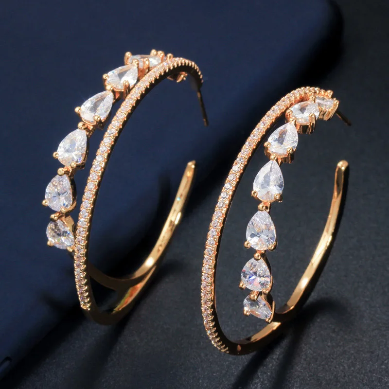 gold White CWWZircons блестящие роскошные белые золотые цвета CZ цирконий Кристалл Большой двойной круг серьги-кольца для женщин модные ювелирные изделия CZ600 - Окраска металла: gold White