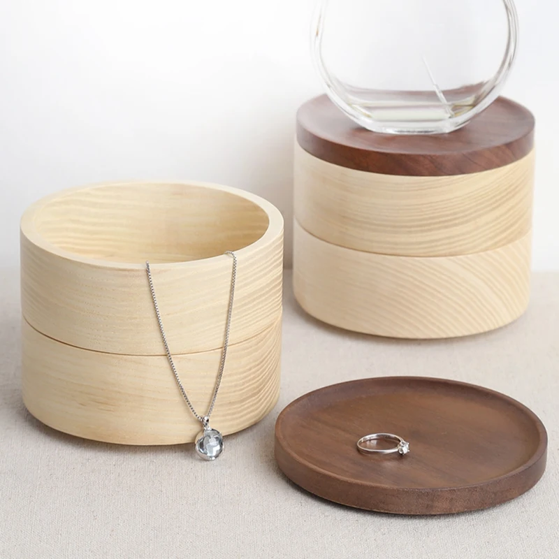 

2Pcs Natural Wooden Two-Layer Handmade Jewelry Storage Box with Lid Earrings Ring Necklace Display Props