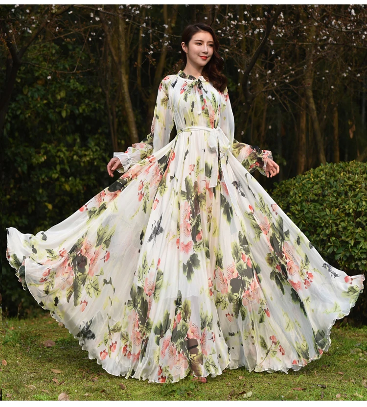 

Платье макси с длинным рукавом и цветочным принтом, Пляжное в богемном стиле, повседневные свободные платья, Новые легкие пикантные шифоновые платья для выпускного, лето размера плюс