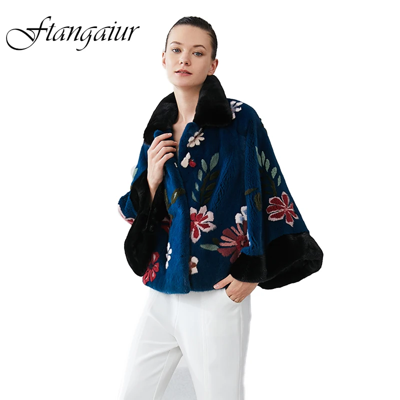 

Ftangaiur Winter Import Velvet Mink Fur Coat Print Flower Embroidered Mink Coat Women Short Natural Real Mink Fur Coats
