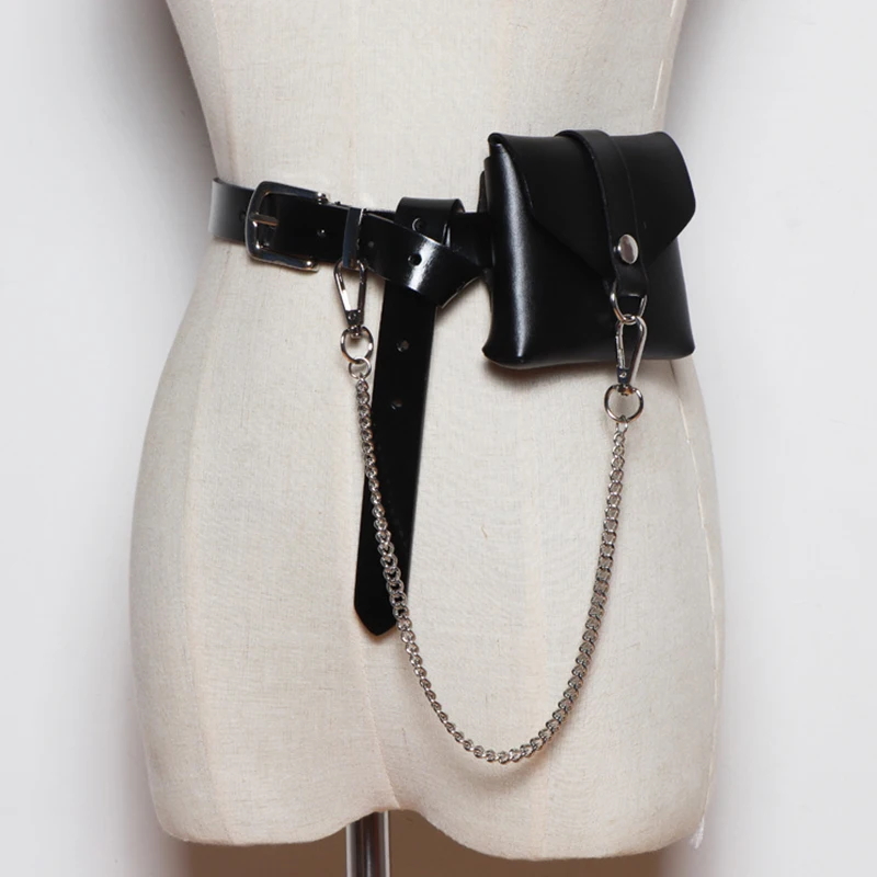 

DAEYOTEN Simple Chain Fanny Pack for Women Belt Bag Punk Motocycle Bags Female Mini Waist Bag Genuine Leather Coin Purse ZM1011