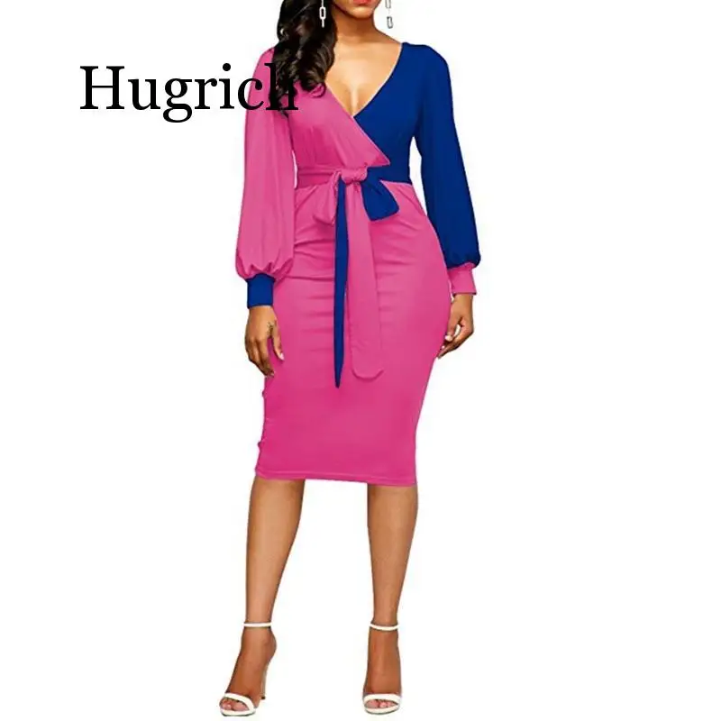 

2020 Autumn Women Dress Fashion Patchwork Sashes Office Lady Dress Female Long Sleeve V Neck Slim Plus Size Dress 7 Color