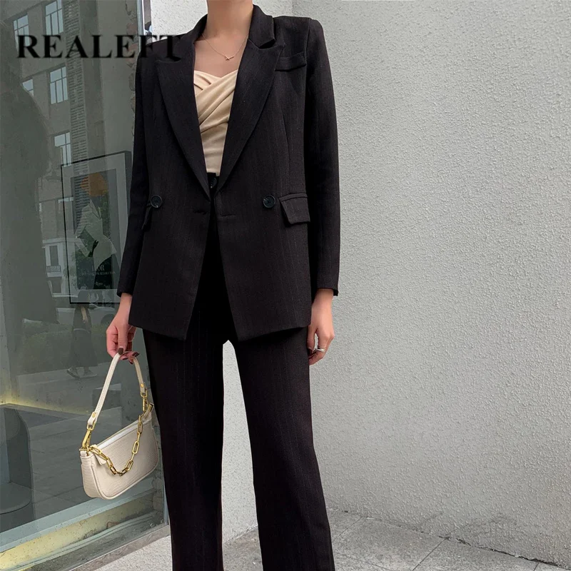 

Костюм брючный женский в полоску REALEFT, однобортный пиджак с отложным воротником и длинные брюки, одежда для офиса, осень 2020