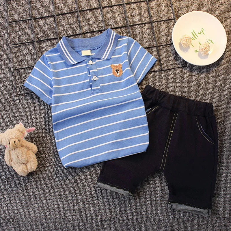 

Kids Boutique Clothing Wholesale Children's Striped Wear Casual Korean Polo Shirt Set Summer Baby Short Sleeve Two Piece Suit